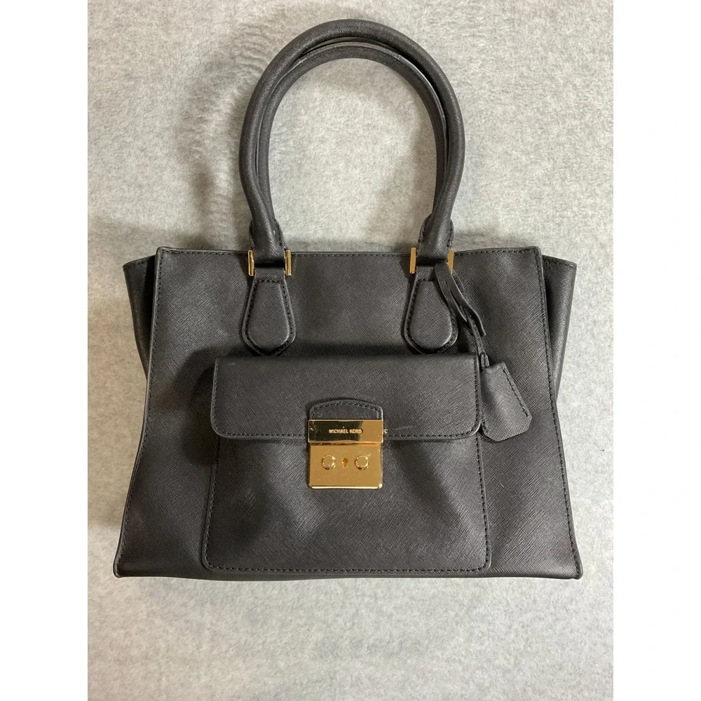 Michael Kors Black Saffiano Leather Satchel Handbag Gold Hardware Push Lock